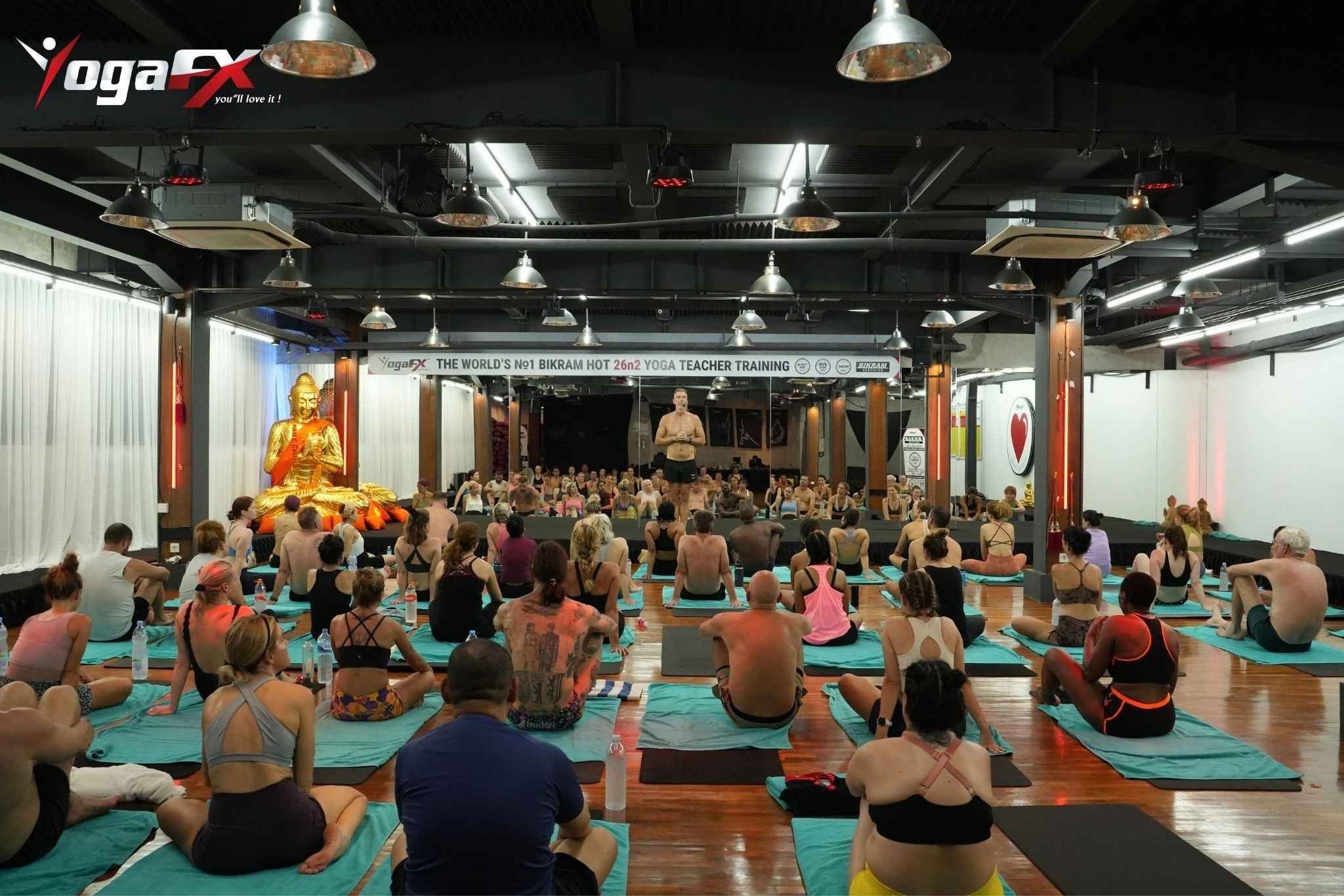 Mr. Ian Terry, E-RYT 500, leading a full 90-minute Bikram Hot 26&2 class at the YogaFX studio in Seminyak