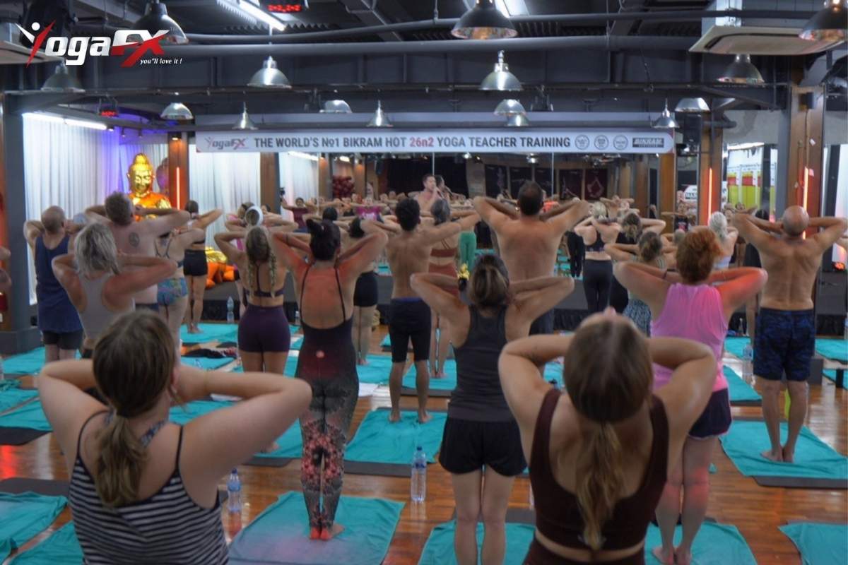 Students getting used to the heat in a first Bikram class in Canggu